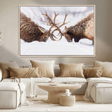 99240306-MGV-CV-36X24-Elk Wall Art – Two Bull Elk Fighting in Snow Canvas Print, Rustic Wildlife Artwork for Cabin, Lodge, Western Farmhouse, Nature &