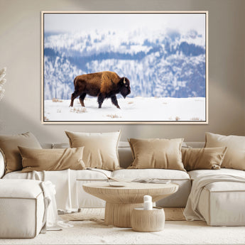 21623194-MGV-CV-36X24-Snow Bison Wall Art – Majestic Buffalo Wildlife Canvas Print, Winter Nature Décor for Rustic Living Room, Farmhouse, Cabin, Lodge
