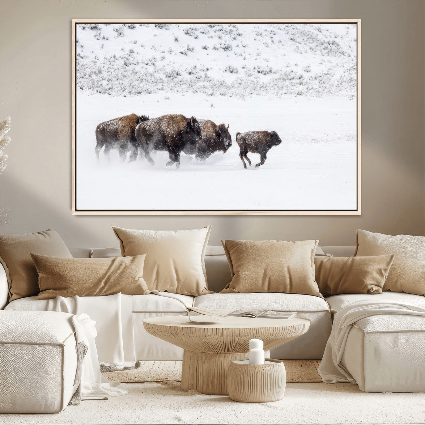 61161423-MGV-CV-36X24-Running Bison Herd Wall Art – Winter Buffalo Canvas Print, Wildlife Photography Decor for Rustic Living Room, Farmhouse, Lodge,