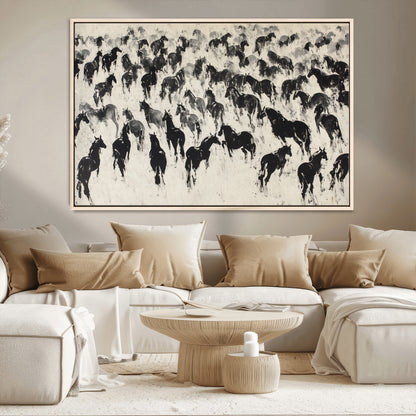 29265745-MGV-CV-36X24-Wild Horse Herd Wall Art – Black and White Galloping Horses Canvas Print, Rustic Western Farmhouse Décor for Living Room, Bedroom,