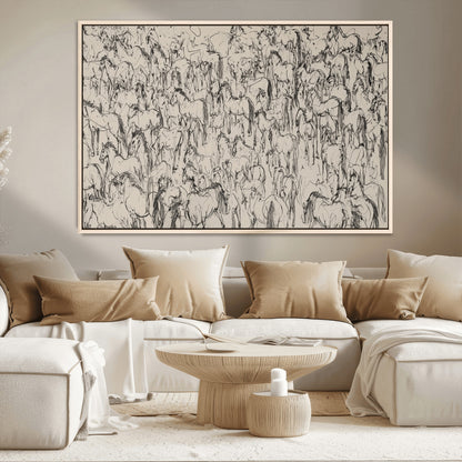12358908-MGV-CV-36X24-Horse Herd Sketch Wall Art – Abstract Wild Horses Line Drawing Canvas Print, Rustic Western Style Equestrian Decor for Living