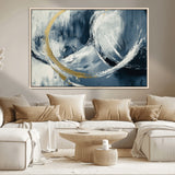 97295757-MGV-CV-36X24-Abstract Blue and Gold Wall Art – Modern Luxury Canvas Print, Navy White Brushstroke Painting, Contemporary Living Room Office