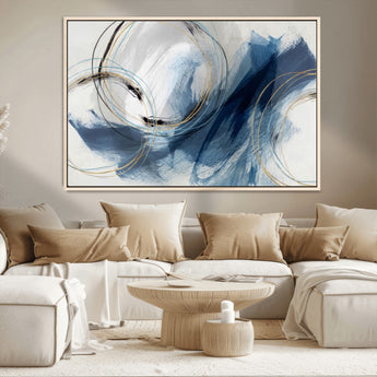 49589477-MGV-CV-36X24-Blue Abstract Wall Art – Modern Circle Canvas Print with Gold and Black Accents, Contemporary Fluid Brushstroke Painting for