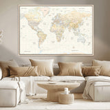 40660043-MGV-CV-36X24-World Map Wall Art – Large Detailed Atlas Style Map Print with Countries, Cities, and Oceans, Neutral Beige and Tan Educational