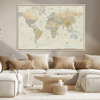 41929777-MGV-CV-36X24-World Map Wall Art – Large Detailed Political Atlas Style Map Print with Countries, Cities, and Oceans, Warm Earth Tone