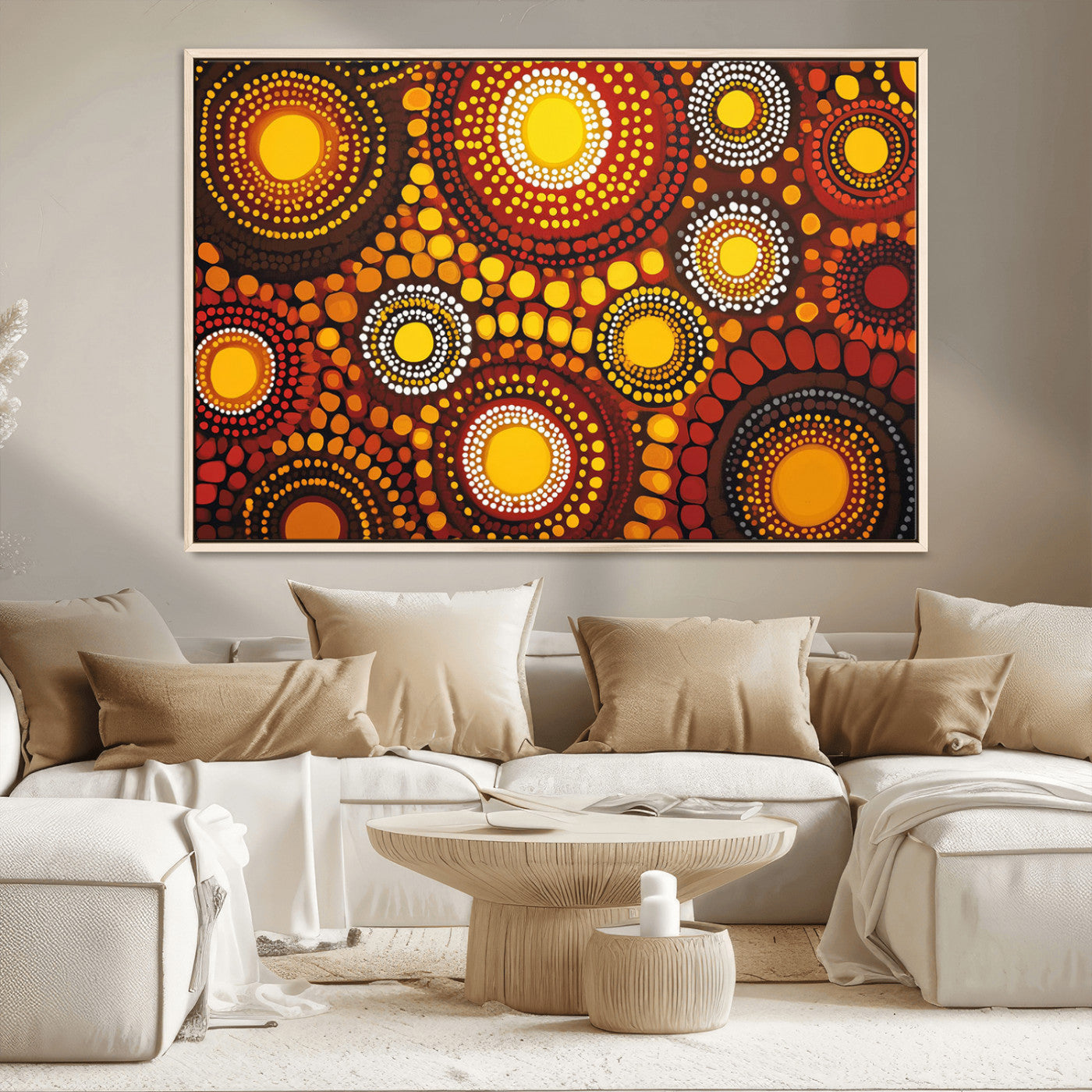 81120549-MGV-CV-36X24-Abstract Dot Painting Wall Art – Vibrant Tribal Boho Style Canvas Print with Sunburst Mandala Circles in Warm Red, Yellow, Orange