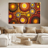 81120549-MGV-CV-36X24-Abstract Dot Painting Wall Art – Vibrant Tribal Boho Style Canvas Print with Sunburst Mandala Circles in Warm Red, Yellow, Orange