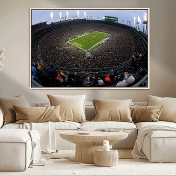 14387817-MGV-FC-36X24_Natural-Lambeau Field Stadium Wall Art – Green Bay Packers Game Day Canvas Print with Fireworks and Crowd – NFL Football Fan Man Cave