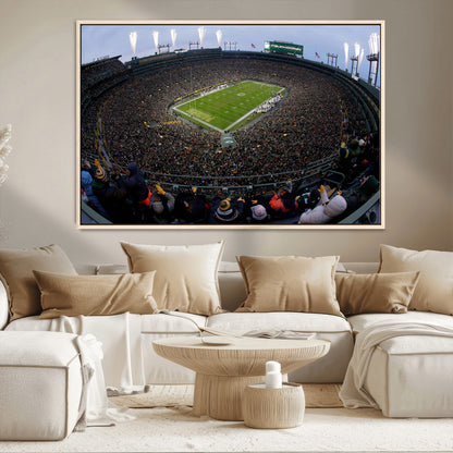 14387817-MGV-FC-36X24_Natural-Lambeau Field Stadium Wall Art – Green Bay Packers Game Day Canvas Print with Fireworks and Crowd – NFL Football Fan Man Cave