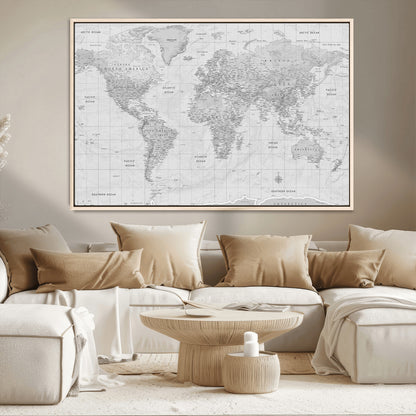 10516725-MGV-CV-36X24-Black and White World Map Wall Art – Minimalist Grayscale Canvas Print – Modern Detailed Travel Map Poster for Home, Office, or