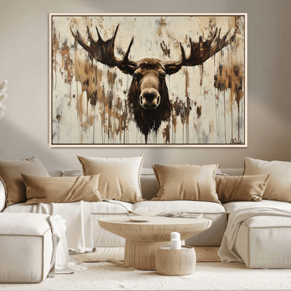 34496536-MGV-CV-36X24-Rustic Moose Wall Art – Modern Abstract Animal Canvas Print – Majestic Moose Head Painting with Neutral Earth Tones for Cabin,