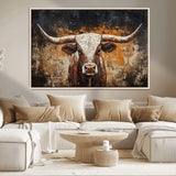 25265572-MGV-CV-36X24-Longhorn Bull Wall Art – Rustic Western Texas Steer Canvas Print, Textured Animal Painting for Home, Office, Man Cave or Farmhouse