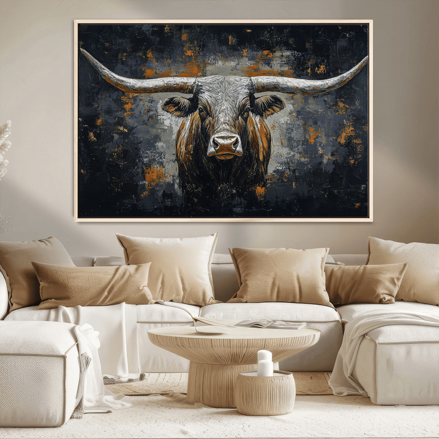 93195031-MGV-CV-36X24-Dark Longhorn Bull Wall Art – Western Steer Canvas Print, Moody Rustic Animal Painting for Man Cave, Ranch House, Office or Modern