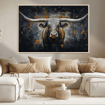 93195031-MGV-CV-36X24-Dark Longhorn Bull Wall Art – Western Steer Canvas Print, Moody Rustic Animal Painting for Man Cave, Ranch House, Office or Modern