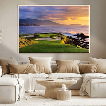 39644075-MGV-CV-36X24-Golf Course Wall Art – Coastal Sunset Canvas Print, Scenic Oceanfront Fairway Landscape Decor for Office, Man Cave, or Living Room