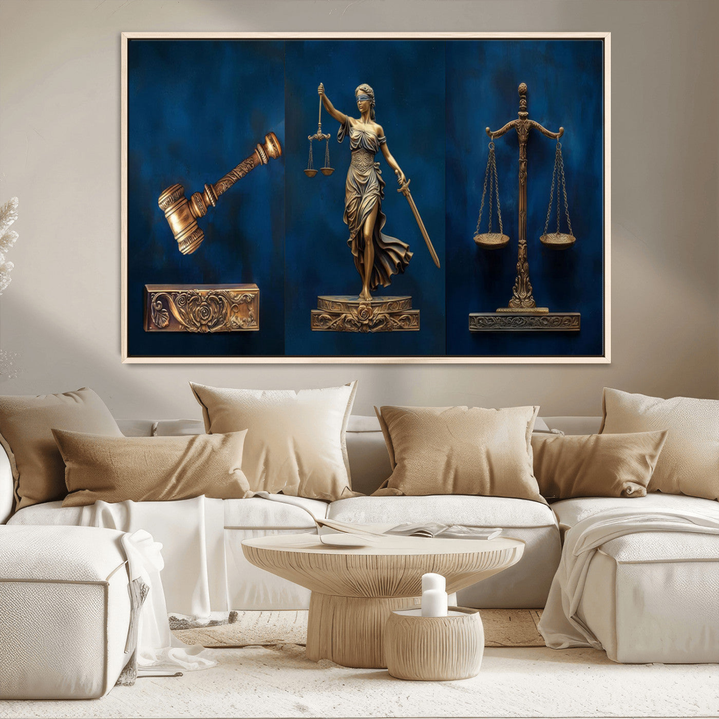 91629053-MGV-CV-36X24-Lady Justice Wall Art – Golden Gavel and Scales Canvas Print, Elegant Legal Office Decor for Lawyers, Judges, Courtroom or Study