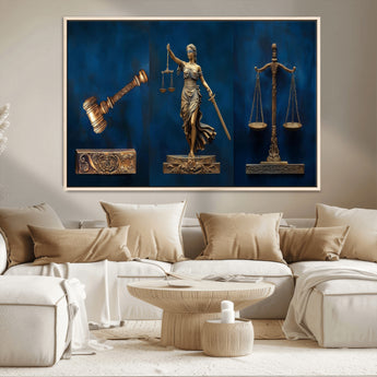 91629053-MGV-CV-36X24-Lady Justice Wall Art – Golden Gavel and Scales Canvas Print, Elegant Legal Office Decor for Lawyers, Judges, Courtroom or Study