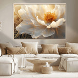 29539087-MGV-CV-36X24-Floral Wall Art – Elegant White and Gold Bloom Canvas Print, Romantic Modern Flower Artwork for Bedroom, Living Room, or Office