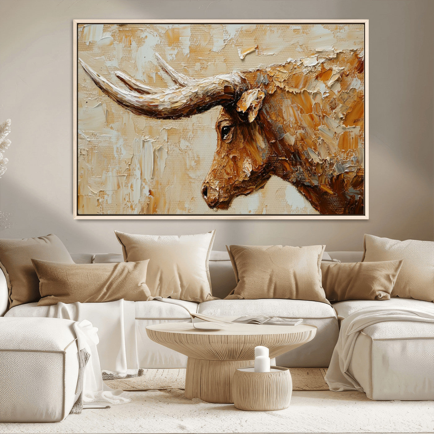 69611428-MGV-FC-36X24_Natural-Longhorn Bull Wall Art – Rustic Western Canvas Print, Textured Farmhouse Cattle Painting for Living Room, Office, or Ranch House