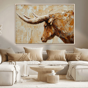 69611428-MGV-FC-36X24_Natural-Longhorn Bull Wall Art – Rustic Western Canvas Print, Textured Farmhouse Cattle Painting for Living Room, Office, or Ranch House