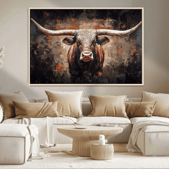 24779067-MGV-CV-36X24-Longhorn Bull Wall Art – Western Rustic Canvas Print, Bold Cowboy Cattle Painting for Ranch House, Farmhouse, Office, or Living