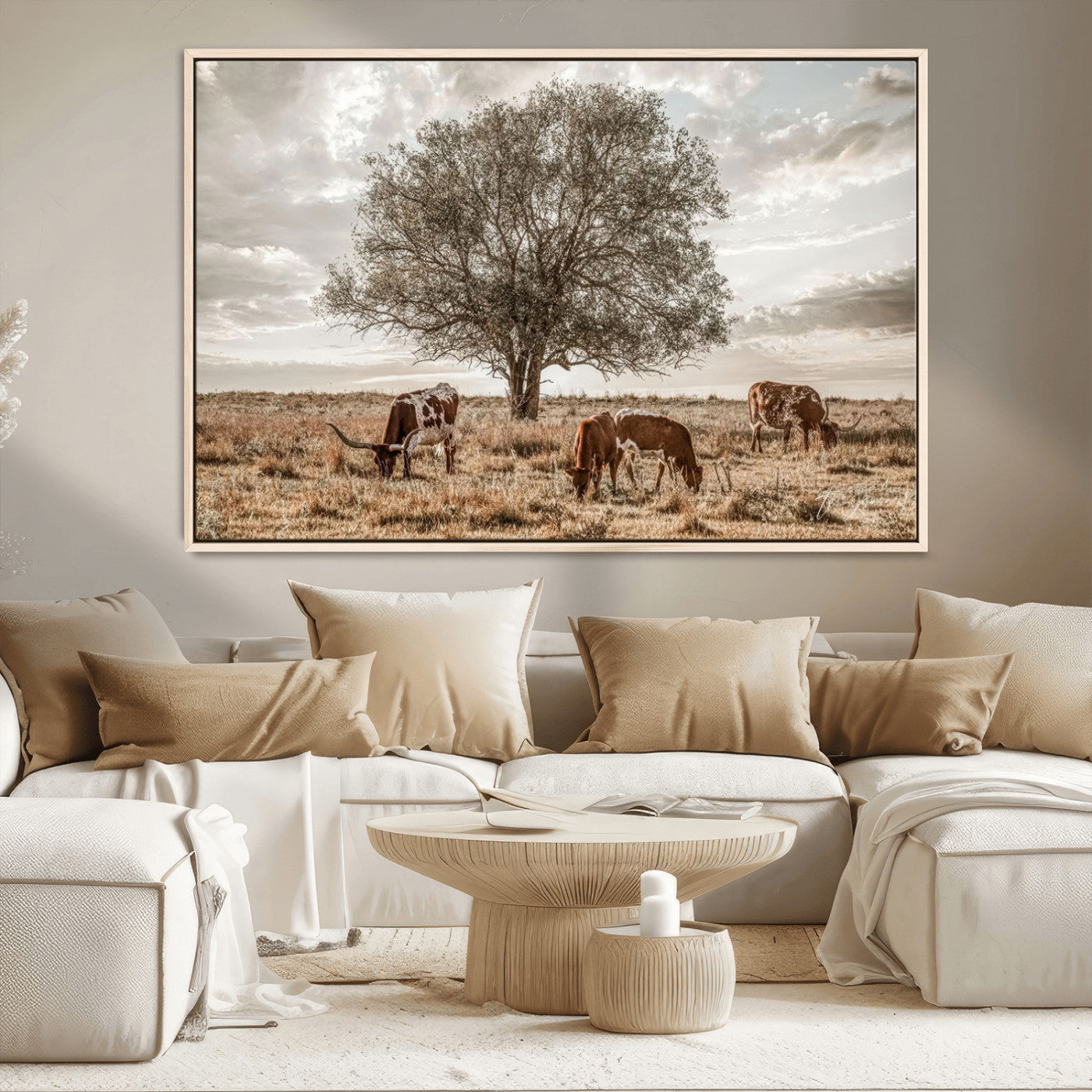 87590224-MGV-CV-36X24-Longhorn Cattle Wall Art – Rustic Western Landscape Canvas Print, Texas Farmhouse Prairie Scene for Living Room, Office, or Ranch