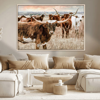 47758300-MGV-CV-36X24-Texas Longhorn Cattle Wall Art – Rustic Western Herd Canvas Print, Cowboy Ranch Farmhouse Decor for Living Room, Office, or