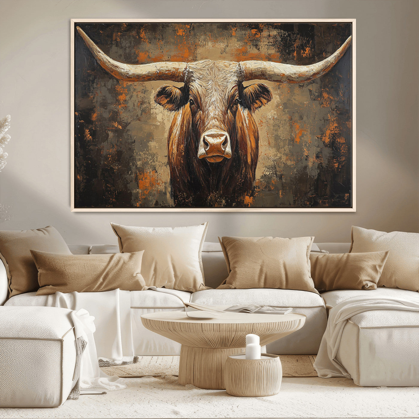 19204445-MGV-CV-36X24-Texas Longhorn Bull Wall Art – Rustic Western Canvas Print, Bold Cowboy Cattle Painting for Ranch House, Farmhouse, Office, or