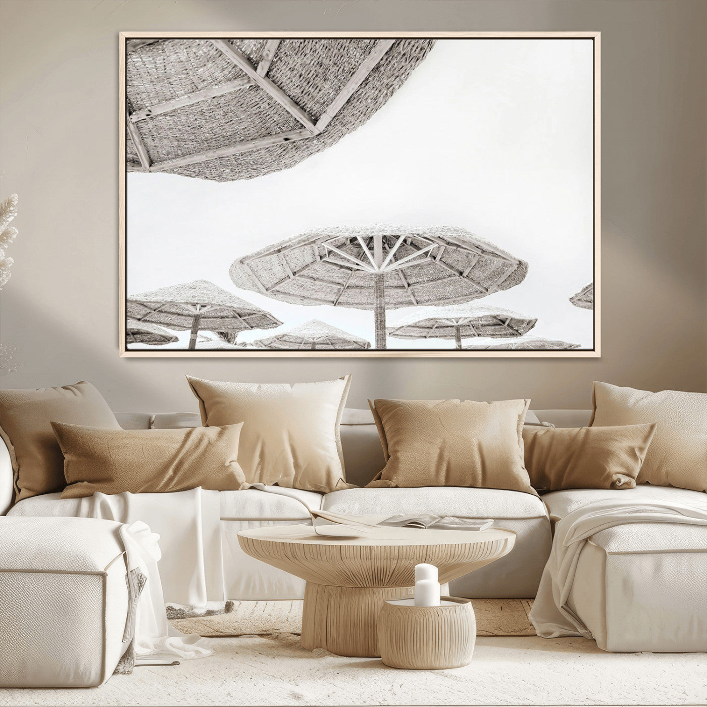 97043123-MGV-CV-36X24-Beach Umbrella Wall Art – Minimalist Coastal Canvas Print, Woven Parasol Summer Decor for Bedroom, Living Room, or Modern Beach