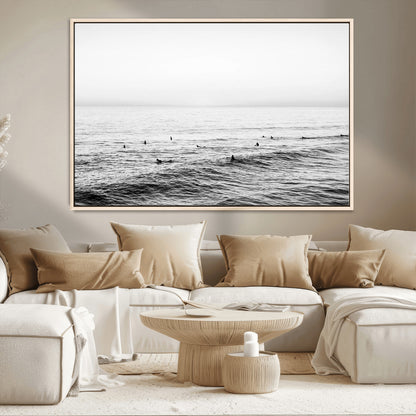 47208268-MGV-CV-36X24-Surfer Ocean Wall Art – Black and White Coastal Canvas Print, Minimalist Surfing Seascape Decor for Living Room, Bedroom, or Beach