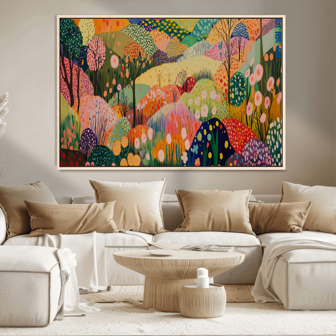 79636380-MGV-CV-36X24-Colorful Abstract Landscape Wall Art – Vibrant Hills and Flowers Canvas Print, Modern Whimsical Artwork for Living Room, Bedroom,