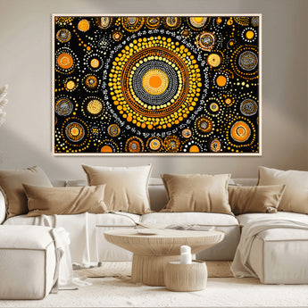 45478523-MGV-CV-36X24-Abstract Circle Wall Art – Bold Black and Gold Dot Painting Canvas Print, Modern Geometric Mandala Style Decor for Living Room or