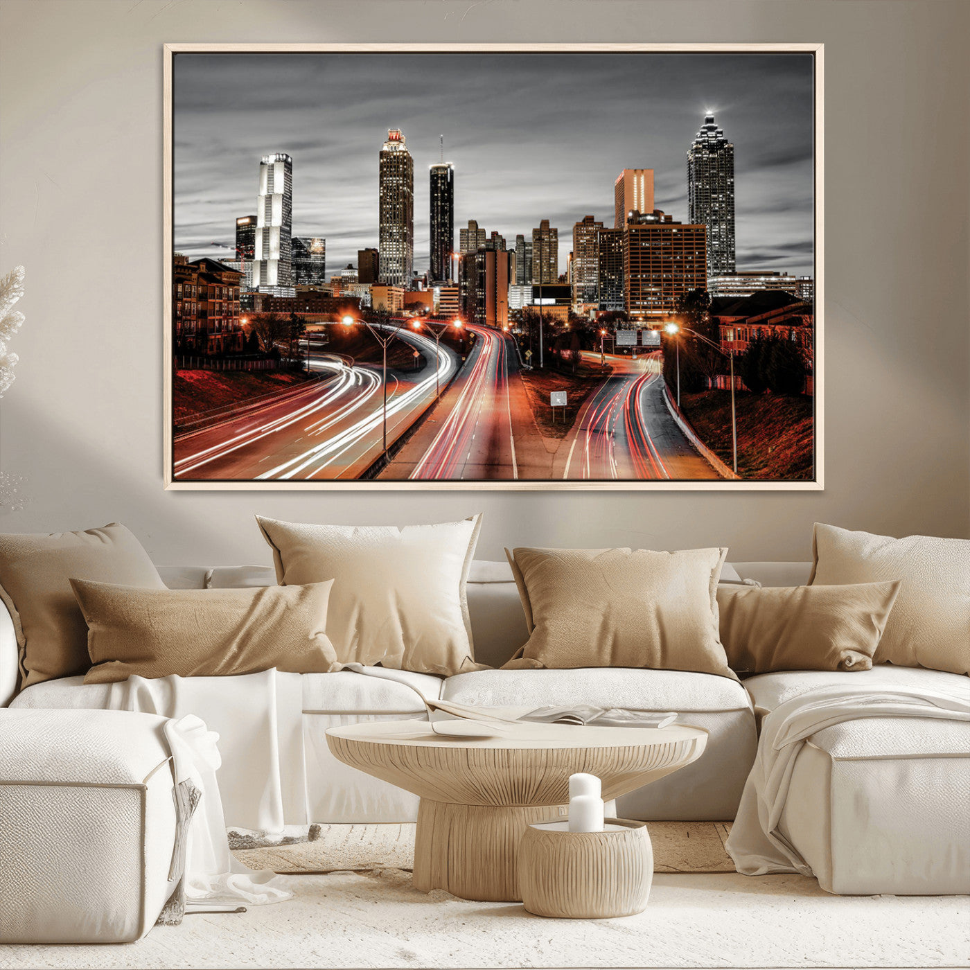 59097239-MGV-FC-36X24_Natural-City Skyline Wall Art – Modern Black and White Night Canvas Print with Red Light Trails, Urban Landscape Decor for Living Room or