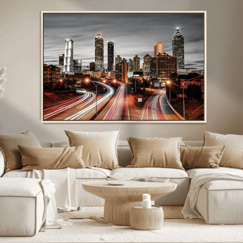 59097239-MGV-FC-36X24_Natural-City Skyline Wall Art – Modern Black and White Night Canvas Print with Red Light Trails, Urban Landscape Decor for Living Room or