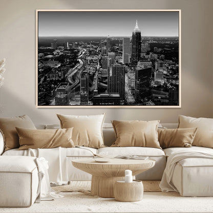 46578567-MGV-CV-36X24-Atlanta Skyline Wall Art – Black and White Cityscape Canvas Print, Modern Urban Night Decor for Office, Living Room, or Apartment