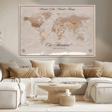 95243244-MGV-CV-36X24-Wander Often Wonder Always World Map Wall Art – Neutral Beige Adventure Canvas Print, Rustic Boho Travel Decor for Bedroom, Living