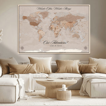 95243244-MGV-CV-36X24-Wander Often Wonder Always World Map Wall Art – Neutral Beige Adventure Canvas Print, Rustic Boho Travel Decor for Bedroom, Living