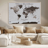 43749658-MGV-CV-36X24-Welcome to Great Adventure World Map Wall Art – Charcoal Gray Canvas Print, Rustic Travel Decor for Living Room, Study, Office or