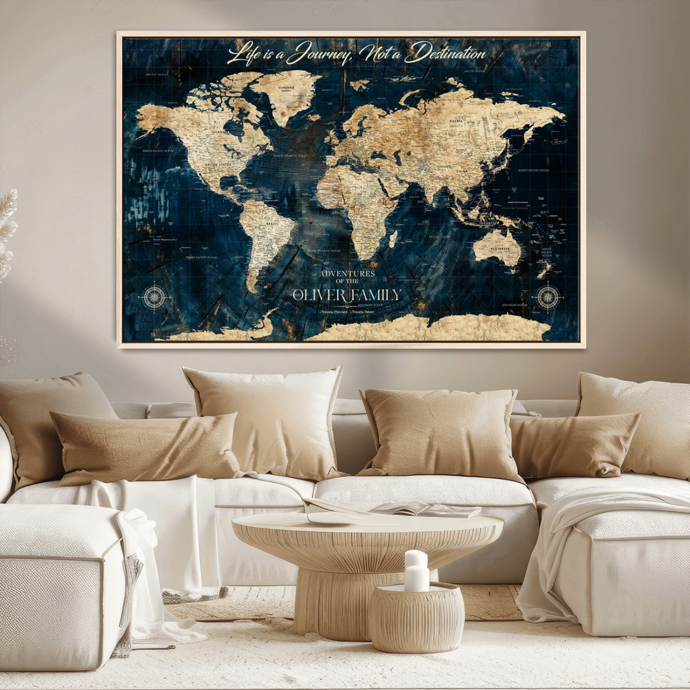 36970886-MGV-CV-36X24-Life is a Journey Not a Destination World Map Rustic Navy Beige Vintage Travel Wall Art Adventure Quote Canvas Print for Home
