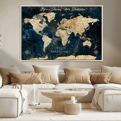 36970886-MGV-CV-36X24-Life is a Journey Not a Destination World Map Rustic Navy Beige Vintage Travel Wall Art Adventure Quote Canvas Print for Home