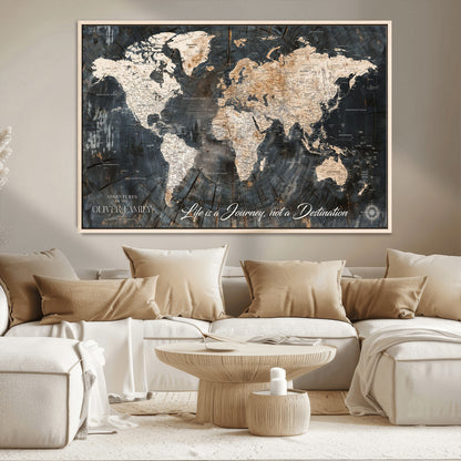 37848568-MGV-CV-36X24-Life is a Journey Not a Destination World Map Rustic Wood Texture Vintage Beige Navy Adventure Wall Art Canvas Print for Home