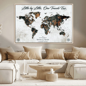 88337180-MGV-CV-36X24-Little by Little One Travels Far Tolkien Quote World Map Rustic Black Brown Adventure Wall Art Canvas Print for Home Office Living