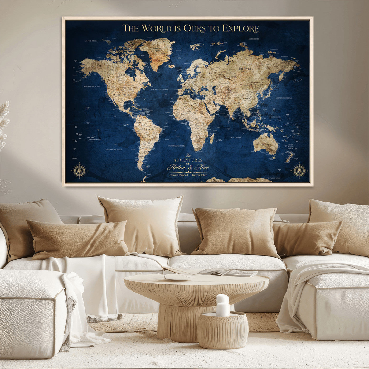 54782997-MGV-CV-36X24-The World is Ours to Explore Wall Art – Blue World Map Canvas Print, Adventure Travel Decor for Home, Office or Living Room,