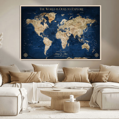54782997-MGV-CV-36X24-The World is Ours to Explore Wall Art – Blue World Map Canvas Print, Adventure Travel Decor for Home, Office or Living Room,