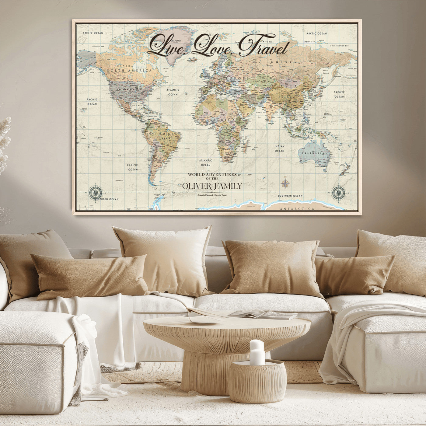 19479008-MGV-CV-36X24-Live Love Travel Wall Art – Detailed World Map Canvas Print, Adventure Decor for Living Room, Office or Bedroom, Travel Gift for
