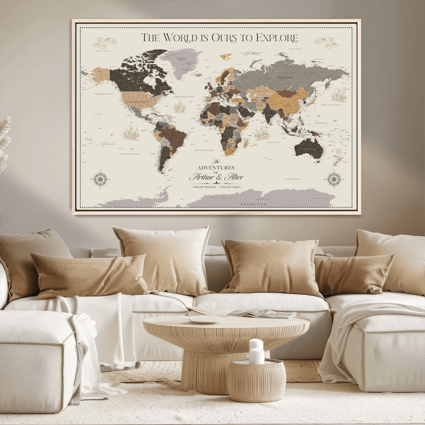 90024882-MGV-CV-36X24-The World is Ours to Explore Wall Art – Earth Tone World Map Canvas Print, Adventure Travel Decor for Living Room, Office or