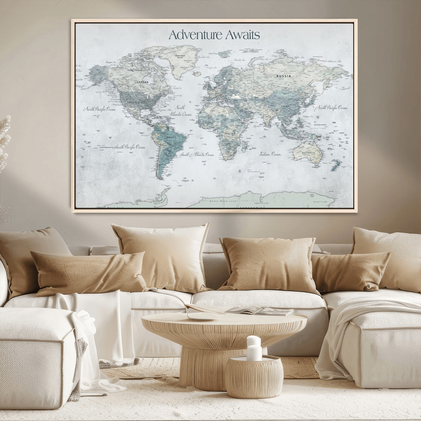TEST111-MGV-CV-36X24-Personalized Adventure Awaits Push Pin World Map – Custom Framed Travel Tracker Canvas Wall Art for Home, Office