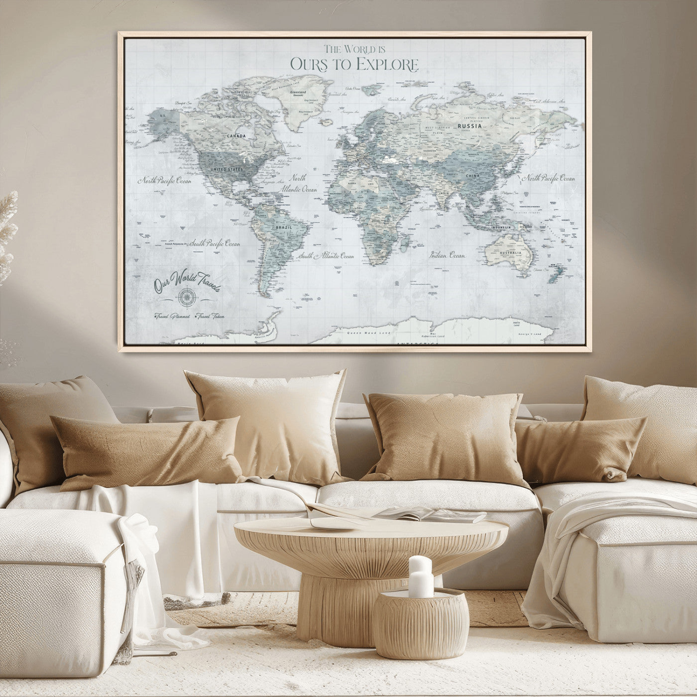 94249974-MGV-CV-36X24-Ours Explore World Map Wall Art – Modern Travel Canvas Print, Neutral Adventure Decor for Living Room, Office, Study, Bedroom,