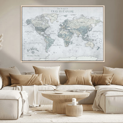 94249974-MGV-CV-36X24-Ours Explore World Map Wall Art – Modern Travel Canvas Print, Neutral Adventure Decor for Living Room, Office, Study, Bedroom,