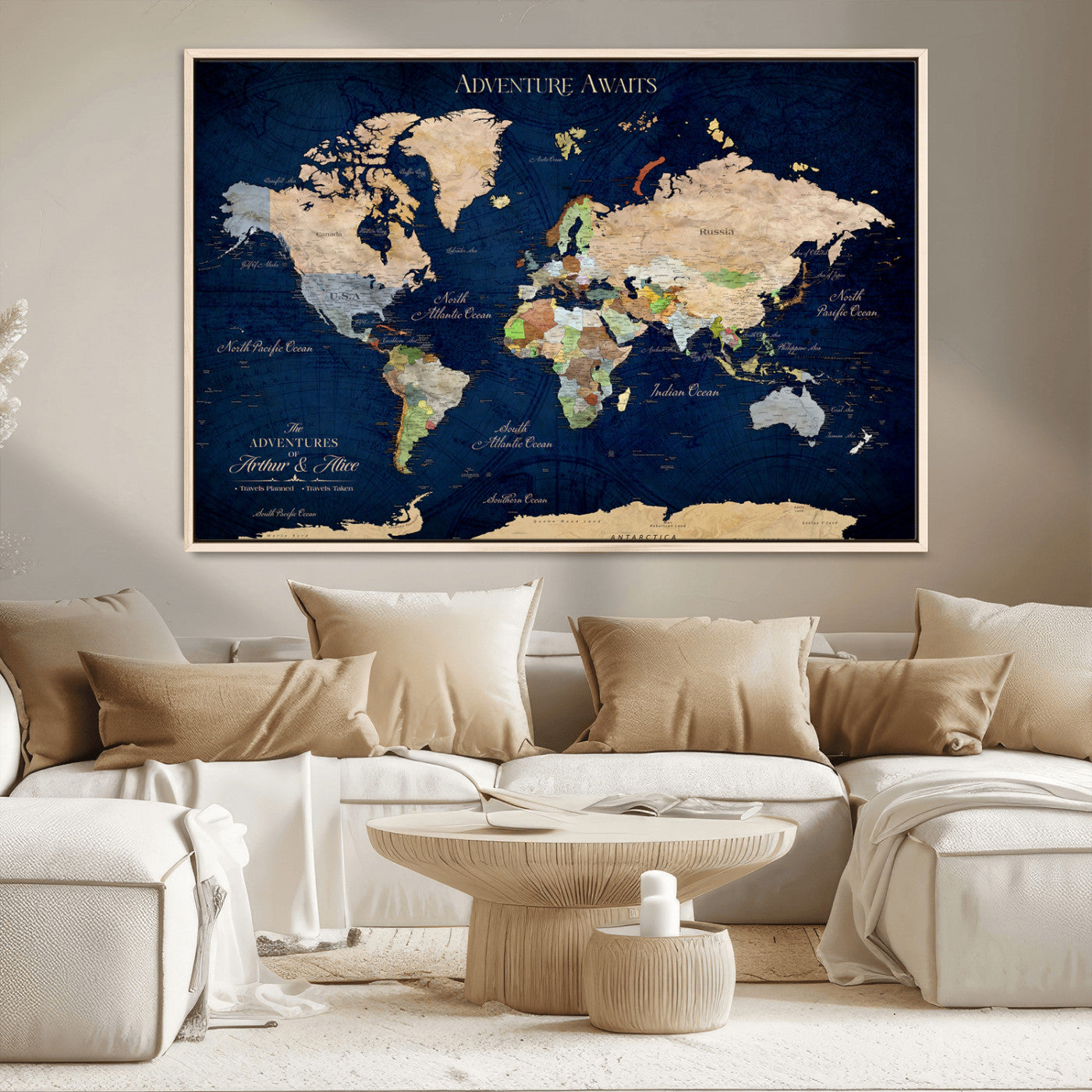 43160428-MGV-CV-36X24-Adventure Awaits Navy Blue World Map – Vibrant Travel Canvas Wall Art, Antique Atlas Print, Wanderlust Decor for Home Office